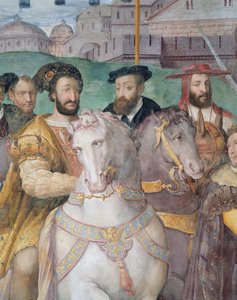 Detal uroczystego wjazdu cesarza Karola V, Franciszka I i Alessandra Farnese do Paryża w 1540 r., z Sala dei Fasti Farnese, 1557-66